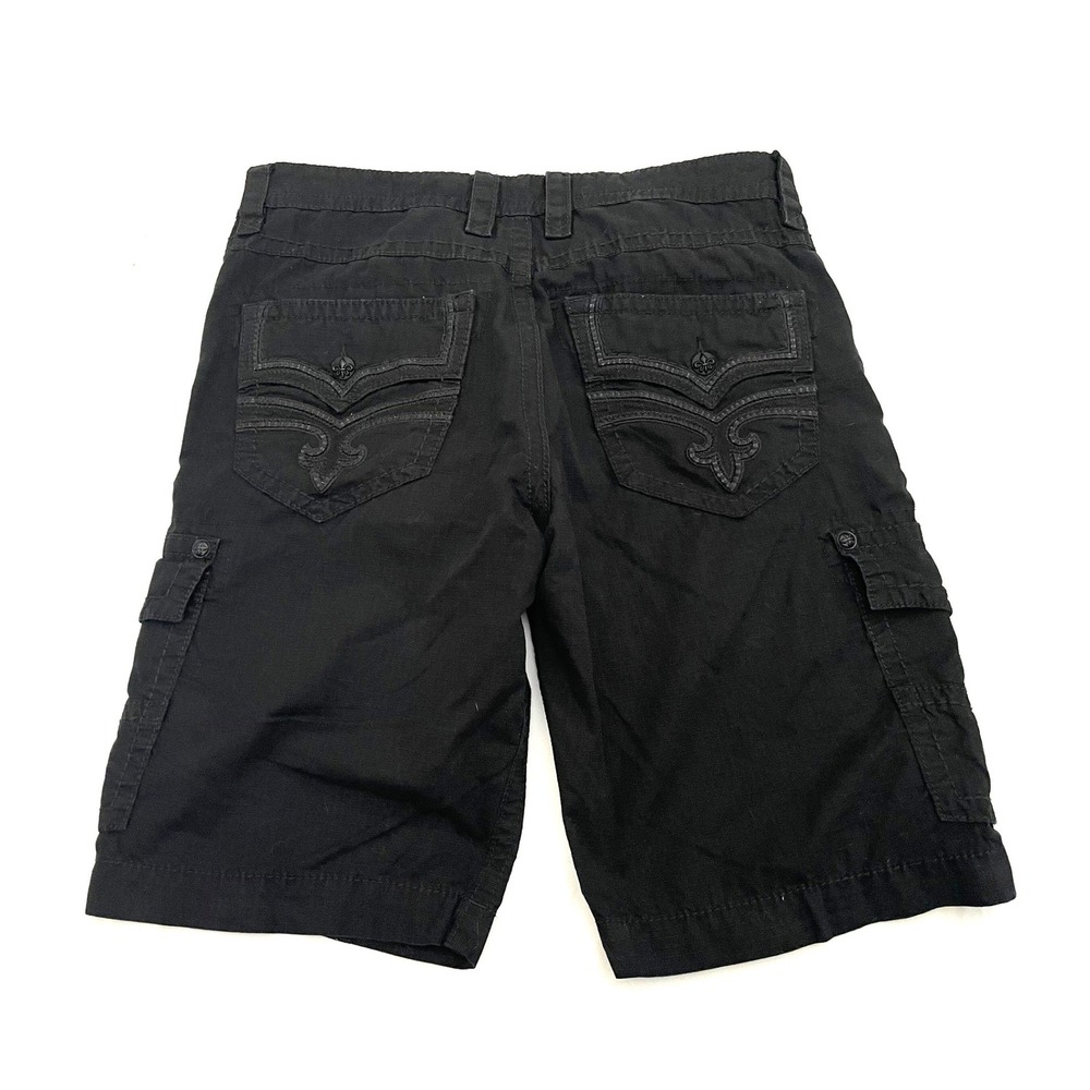 Rock Revival Cargo Shorts Mens 38 Black 12" Ripstop Thick Stitch Flap Pocket Y2K
